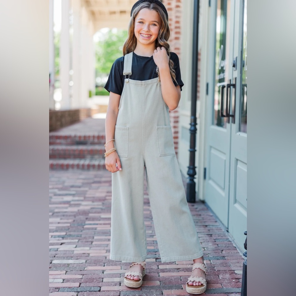 Girl’s Sage Green Wide-Leg Overalls